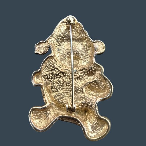 Christmas Teddy Bear Pin Brooch Frecnh Horn Santa Hat Silver Enamel Holiday vtg - Picture 3 of 3